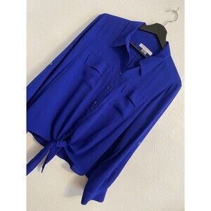 NWT Alison Daley Boho Blouse M Royal Blue, Tie Front, Long Sleeve, Feminine F11